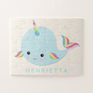 Rainbow Narwhal Kawaii Muster Pastel Blauer Name Puzzle