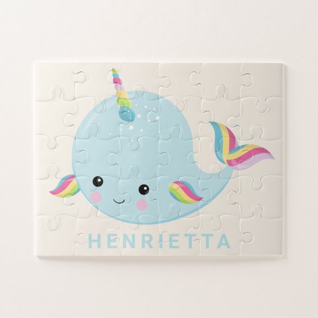 Rainbow Narwhal Kawaii Muster Pastel Blauer Name Puzzle (Horizontal)