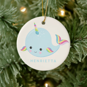 Rainbow Narwhal Kawaii Pattern Pastel Blue Name Keramik Ornament
