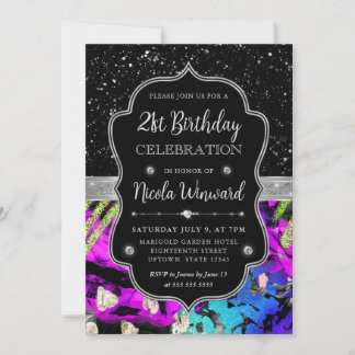 Rainbow Neon Abstrakt Glitzer 21. Geburtstag Einladung