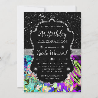 Rainbow Neon Abstrakt Glitzer 21. Geburtstag Einladung