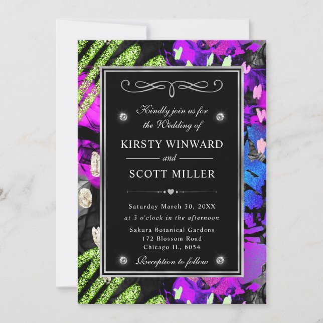 Rainbow Neon Abstrakt Glitzer Frame Wedding Einladung (Vorderseite)