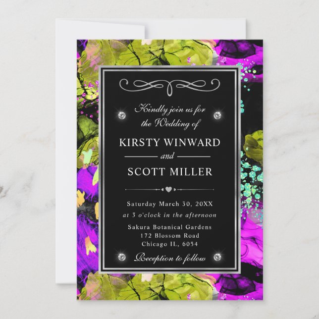 Rainbow Neon Abstrakt Glitzer Frame Wedding Einladung (Vorderseite)