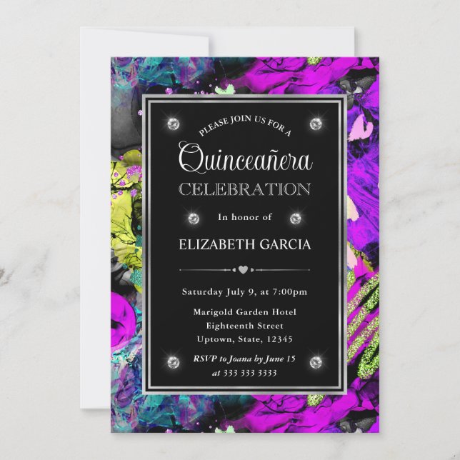 Rainbow Neon Abstrakter Glitzer Frame Quinceanera Einladung (Vorderseite)