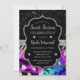Rainbow Neon Abstrakter Glitzer Sweet 16 Einladung