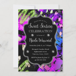 Rainbow Neon Abstrakter Glitzer Sweet 16 Einladung