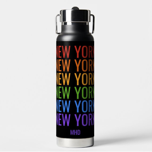 Rainbow NEW YORK Custom Monogramm Trinkflasche (Vorderseite)
