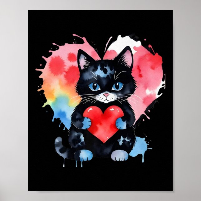 Rainbow Niedlich Cat Hugging Valentine Heart Kitty Poster (Vorne)