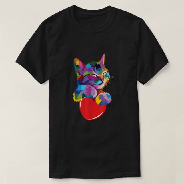Rainbow Niedlich Cat Hugging Valentine Heart Kitty T-Shirt (Design vorne)