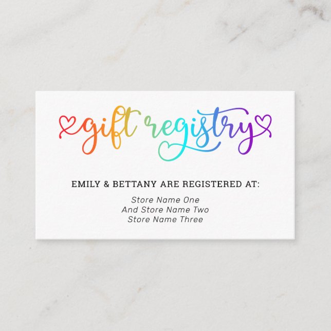 Rainbow Niedlich Hearts Gift Registry LGBT Wedding Begleitkarte (Vorderseite)