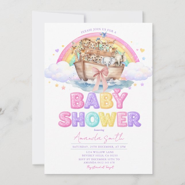 Rainbow Noah’s Ark Baby Shower Glitter Invitation Einladung (Vorderseite)