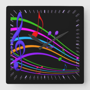 Rainbow Notes Music Black Wall Clock Quadratische Wanduhr