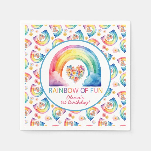 Rainbow of Fun Floral Heart Birthday Napkins Serviette (Vorderseite)