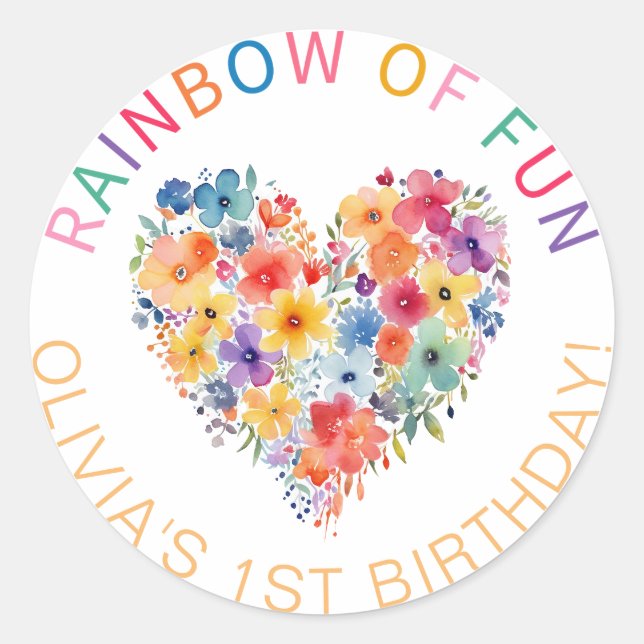 Rainbow of Fun Floral Heart Birthday Sticker (Vorderseite)