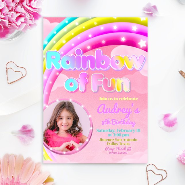 Rainbow of Fun with Picture Einladung (Rainbow of Fun - Girl Birthday Invitation with Photo)