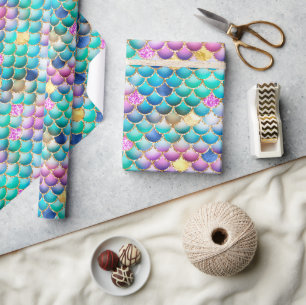 Rainbow Ombre Foil & Gold Glitzer Mermaid Scales Geschenkpapier