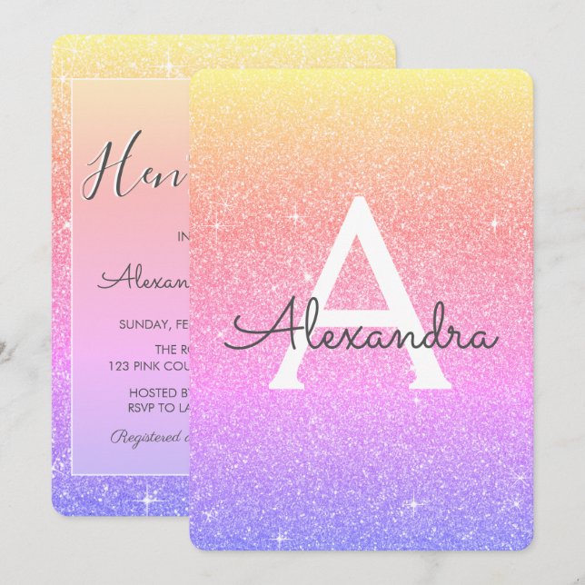 Rainbow Ombre Sparkle Glitzer Hens Party Einladung (Vorne/Hinten)