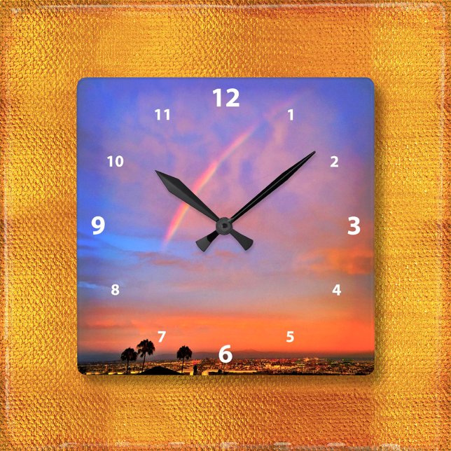 Rainbow-Orangenblau-Sonnenuntergang Himmelslandsch Quadratische Wanduhr (Von Creator hochgeladen)