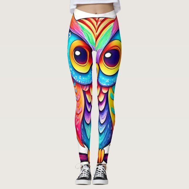 Rainbow Owl Perle Kunst Leggings (Vorderseite)