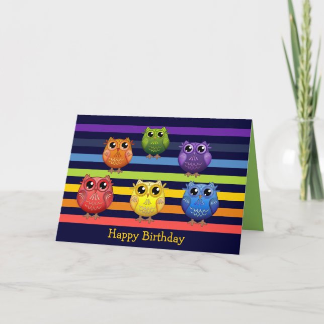 Rainbow Owls Geburtstag benutzerdefinierte Textkar Karte (Vorderseite)