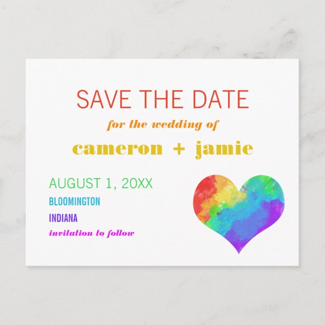 Rainbow Paint Heart Gay Lesbian Save the Date Ankündigungspostkarte (Vorderseite)