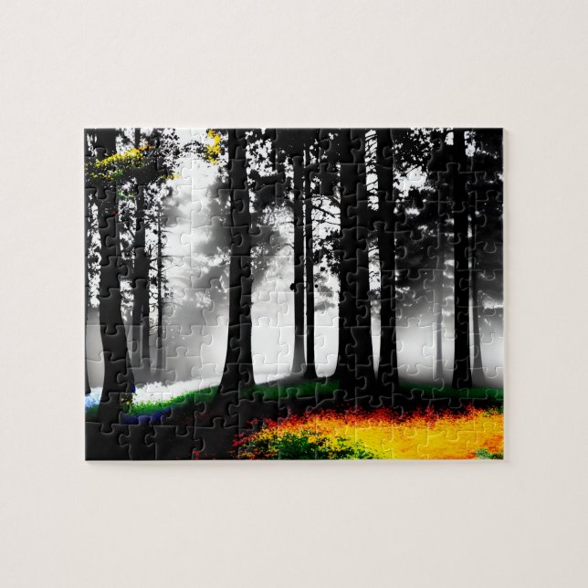 Rainbow Paint Spritzer auf Silhouette Forest Puzzle (Horizontal)