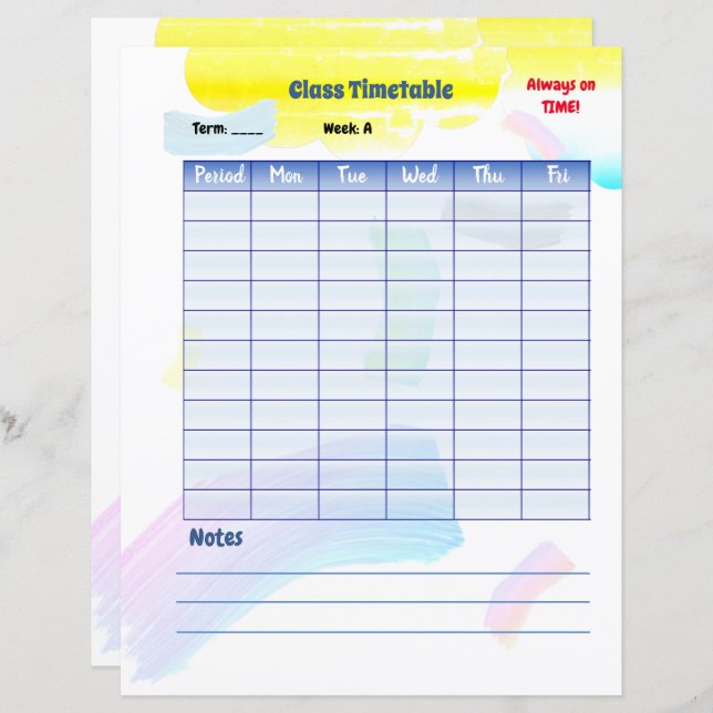 Rainbow Paint Student Class Timetable (Vorne/Hinten)