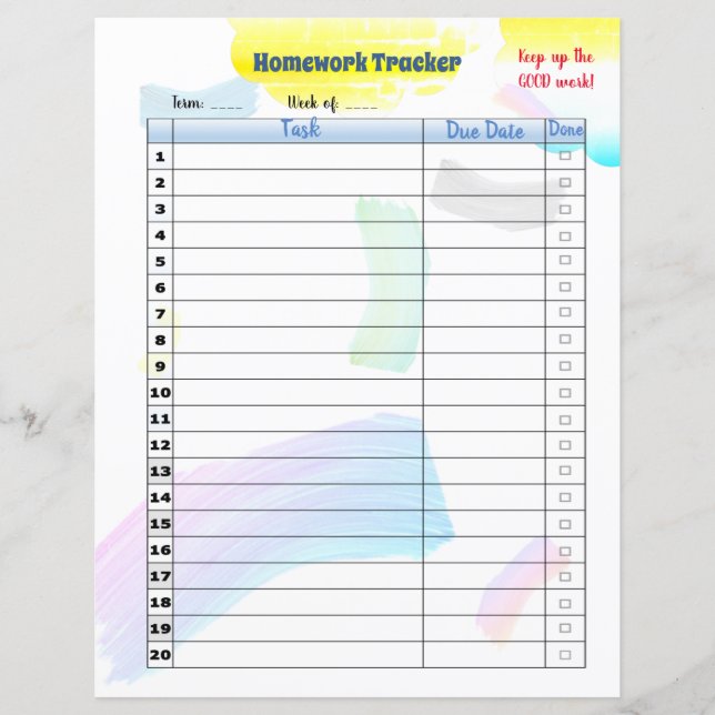 Rainbow Paint Student Hausaufgaben Tracker (Vorderseite)
