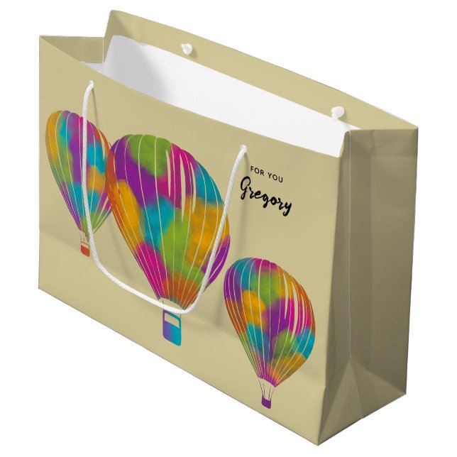 Rainbow Painted Hot Air Balloons Personalisiert Große Geschenktüte (Vorderseite Schrägansicht)