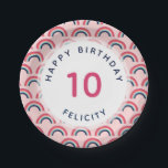Rainbow Party Personalisiert Name Age Rosa Blau Pappteller<br><div class="desc">Nehmen Sie Ihr Party mit modernem Geschirr auf die nächste Stufe. Diese modernen und fröhlichen Party-Teller verfügen über ein Regenbogenmotiv in Blau,  Rosa und Korallen und aquamarin. Der Text ist alle anpassbar. Teil einer Sammlung für Parcel Studios.</div>