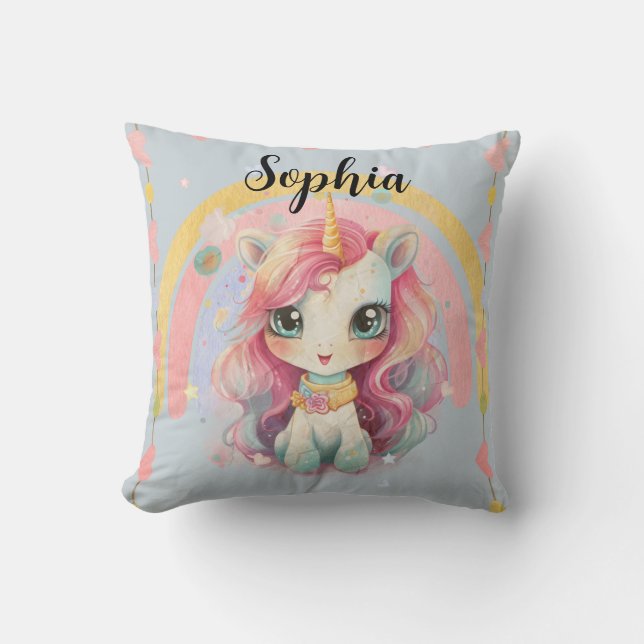 Rainbow Pastel Blue Kawaii Einhorn mit Namen Kissen (Vorderseite)