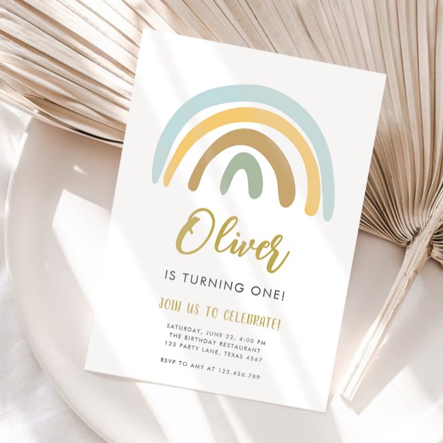 Rainbow Pastel Boho Mute Blue Boy Erster Geburtsta Einladung (Von Creator hochgeladen)