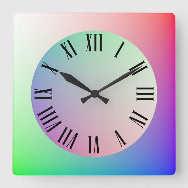 Rainbow Pastel Colors, römische Stundmarkierungen Quadratische Wanduhr (Vorderseite)