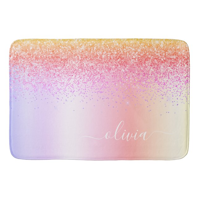 Rainbow Pastel Girly Glitzer Metal Monogram Name Badematte (Vorderseite)