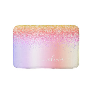 Rainbow Pastel Girly Glitzer Metal Monogram Name Badematte