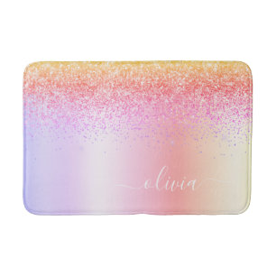 Rainbow Pastel Girly Glitzer Metal Monogram Name Badematte