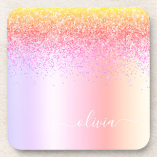 Rainbow Pastel Girly Glitzer Metal Monogram Name Getränkeuntersetzer