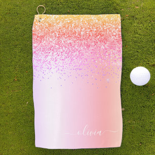 Rainbow Pastel Girly Glitzer Metal Monogram Name Golfhandtuch