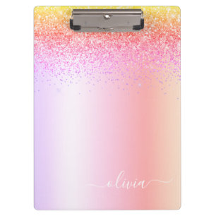 Rainbow Pastel Girly Glitzer Metal Monogram Name Klemmbrett