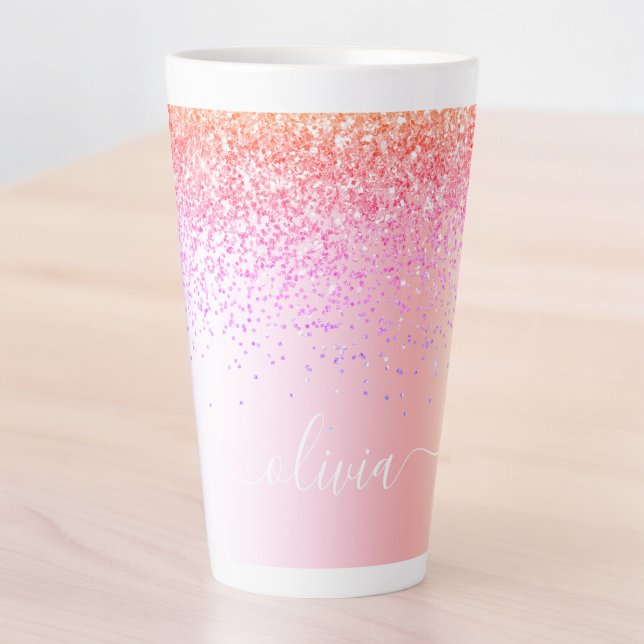 Rainbow Pastel Girly Glitzer Metal Monogram Name Milchtasse (Von Creator hochgeladen)