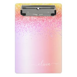 Rainbow Pastel Girly Glitzer Metal Monogram Name Mini Klemmbrett