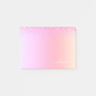 Rainbow Pastel Girly Glitzer Metal Monogram Name Post-it Klebezettel