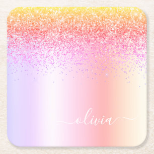 Rainbow Pastel Girly Glitzer Metal Monogram Name Rechteckiger Pappuntersetzer