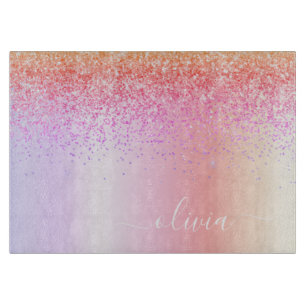 Rainbow Pastel Girly Glitzer Metal Monogram Name Schneidebrett