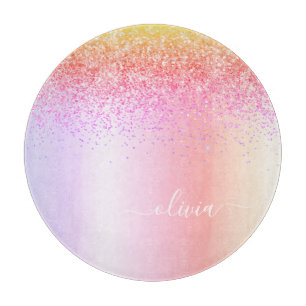 Rainbow Pastel Girly Glitzer Metal Monogram Name Schneidebrett