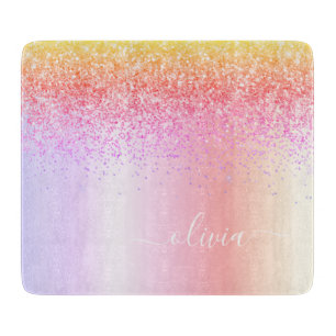Rainbow Pastel Girly Glitzer Metal Monogram Name Schneidebrett