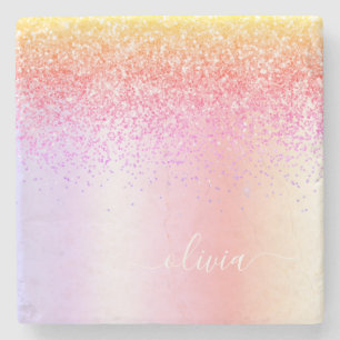 Rainbow Pastel Girly Glitzer Metal Monogram Name Steinuntersetzer