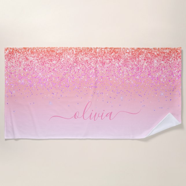 Rainbow Pastel Girly Glitzer Metal Monogram Name Strandtuch (Vorderseite)