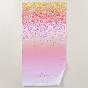 Rainbow Pastel Girly Glitzer Metal Monogram Name Strandtuch