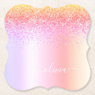 Rainbow Pastel Girly Glitzer Metal Monogram Name Untersetzer